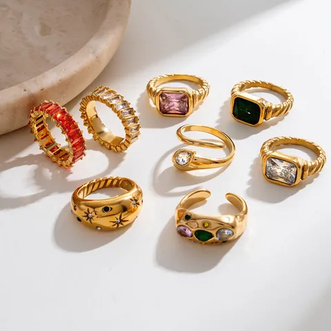 Vintage Edelstahl Offener Ring Für Damen Vergoldet Bunt Strass Verstellbar Modischer Fingerring Geschenk
