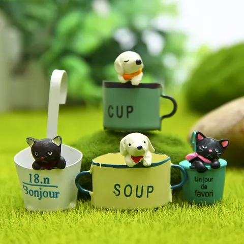 Pastorale Harz Welpen Kätzchen Garten Miniatur Ornament Cartoon Tier Hängen Cup Figur Mikro Landschaft Pflanze Dekor