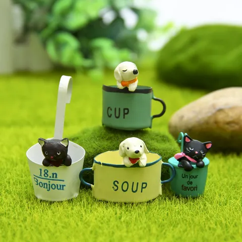 Pastorale Harz Welpen Kätzchen Garten Miniatur Ornament Cartoon Tier Hängen Cup Figur Mikro Landschaft Pflanze Dekor