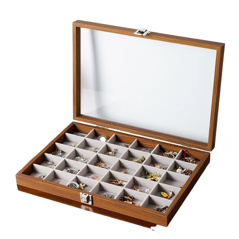Walnuss Holz Schmuckschatulle Transparenter Glasdeckel Multi Gitter Organizer Für Ohrringe Ringe Halsketten Schreibtisch Dekoration