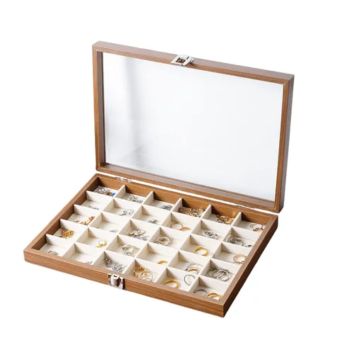 Walnuss Holz Schmuckschatulle Transparenter Glasdeckel Multi Gitter Organizer Für Ohrringe Ringe Halsketten Schreibtisch Dekoration