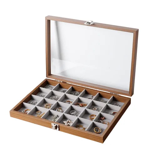 Retro Walnuss Holzmaserung Schmuckschatulle Organisator Glasfenster Klarer Deckel Samt Raster Display Aufbewahrungsbox Für Ring Armband