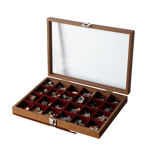 Retro Walnuss Holzmaserung Schmuckschatulle Organisator Glasfenster Klarer Deckel Samt Raster Display Aufbewahrungsbox Für Ring Armband