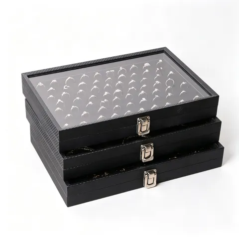 Schmuckschachtel Kohlemuster Textur MDF Mit Glasdeckel Samt Display Mehrere Fächer Ring Halskette Ohrringe Organizer Aufbewahrungsbox