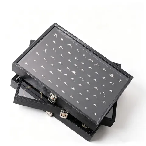 Schmuckschachtel Kohlemuster Textur MDF Mit Glasdeckel Samt Display Mehrere Fächer Ring Halskette Ohrringe Organizer Aufbewahrungsbox