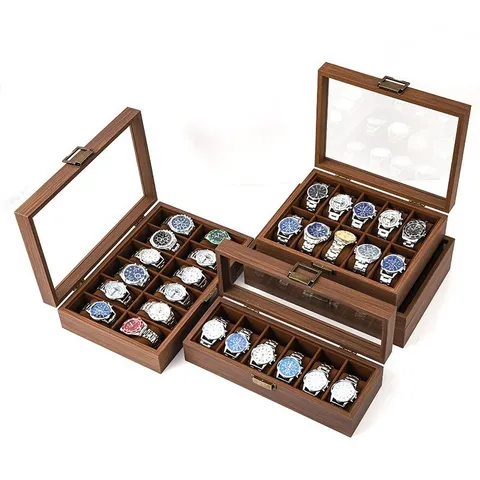 Boîte de Rangement Vintage pour Montres en Cuir Couleur Noyer avec Grain de Bois Coffret à Bijoux avec Couvercle en Verre et Boucle Métallique