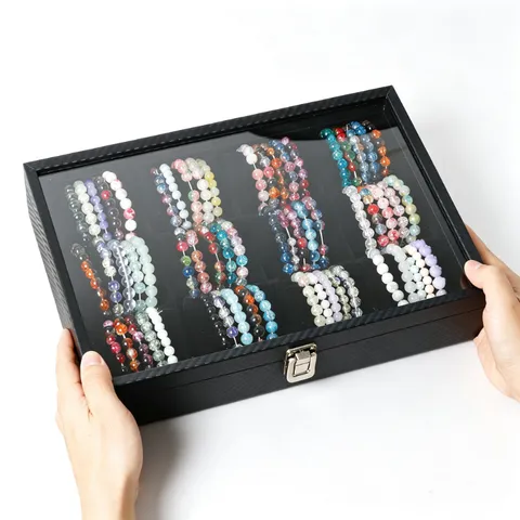 12 Fächer Armband Schmuckschatulle Uhren Display Tablett Kohlefaser Textur Walnuss Finish Organizer Für Schmucksammlung
