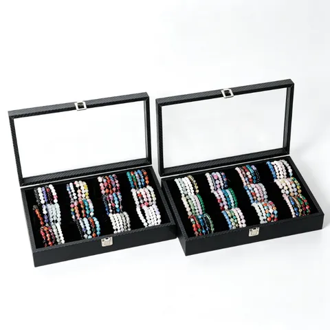 12 Fächer Armband Schmuckschatulle Uhren Display Tablett Kohlefaser Textur Walnuss Finish Organizer Für Schmucksammlung