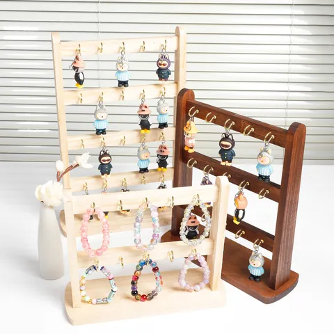 Solid Wood Jewelry Display Rack Organizer With Metal Hooks For Keychain Earrings Necklace Bracelet Tabletop Home Storage Stand