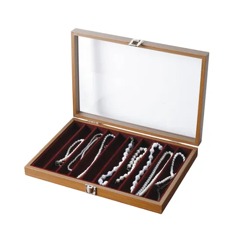 Walnuss Holz Schmuckschatulle Mit Glasdeckel Halskette Anhänger Display Tablett Große Kapazität Organizer Koffer Für Schmuck