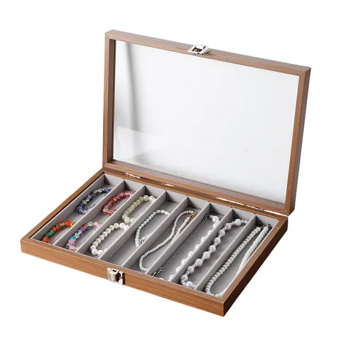 Walnuss Holz Schmuckschatulle Mit Glasdeckel Halskette Anhänger Display Tablett Große Kapazität Organizer Koffer Für Schmuck