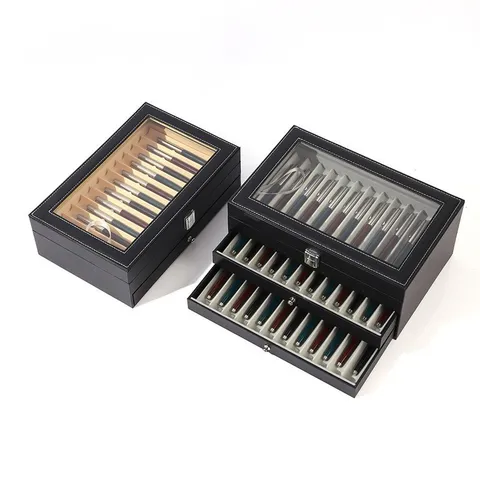 Große Kapazität PU Leder Füllfederhalter Aufbewahrungsbox Mit Glasdeckel Mehrschichtiges Stift Display Case Sammler Box Für Schreibtisch Büro Organisation