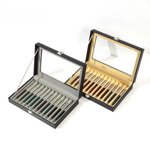 Große Kapazität PU Leder Füllfederhalter Aufbewahrungsbox Mit Glasdeckel Mehrschichtiges Stift Display Case Sammler Box Für Schreibtisch Büro Organisation