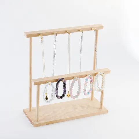 Porte-Bijoux en Bois Massif Présentoir à Colliers et Bracelets Étagère à Étages Avec Crochets Organisateur en Bois Naturel pour Stand de Marché Maison