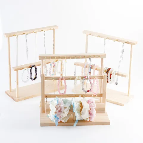 Porte-Bijoux en Bois Massif Présentoir à Colliers et Bracelets Étagère à Étages Avec Crochets Organisateur en Bois Naturel pour Stand de Marché Maison