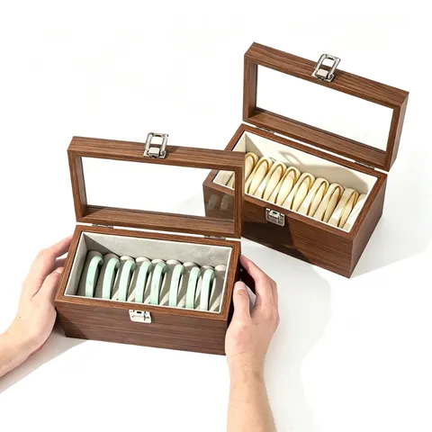 Vintage Walnut Wood Grain Bangle Jewelry Storage Box Glass Top Jewelry Organizer Case For Bracelets Collections Gift