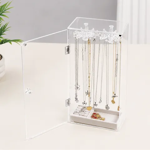 Transparent Acrylic Necklace Storage Box Dustproof Jewelry Display Stand With Rotating Hooks Necklace Organizer Case For Home