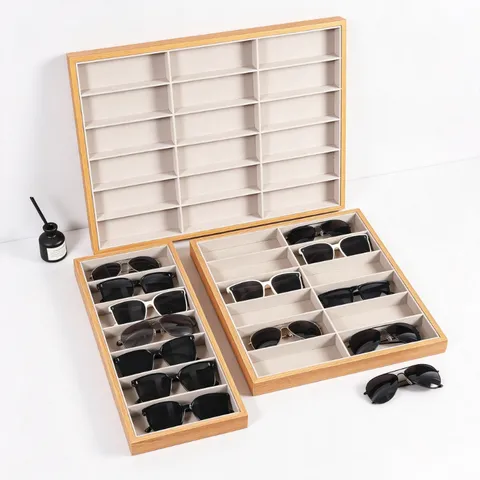 Wooden Sunglasses Display Tray Eyewear Storage Organizer Showcase With Suede Lining Multiple Slots Glasses Holder Tray