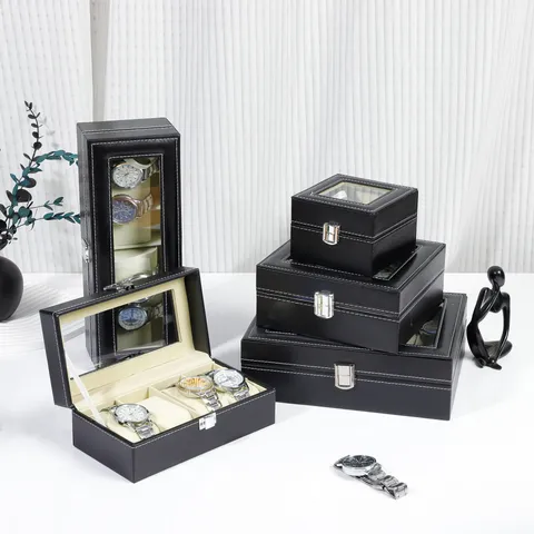 PU Leather Watch Box Display Case Organizer Glass Top Storage Holder Jewelry Presentation Box With Clasp Black For Home Travel Unisex