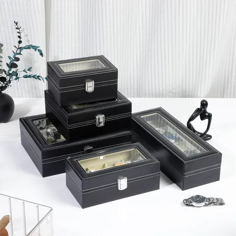 PU Leather Watch Box Display Case Organizer Glass Top Storage Holder Jewelry Presentation Box With Clasp Black For Home Travel Unisex