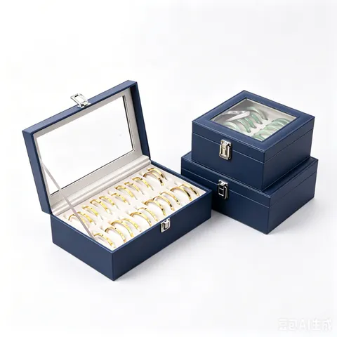 High-End Blue Faux Leather Jewelry Box Organizer With Transparent Glass Window Closure Lock Dustproof Bangle Display Container Holder