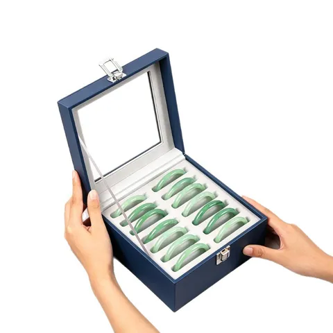 High-End Blue Faux Leather Jewelry Box Organizer With Transparent Glass Window Closure Lock Dustproof Bangle Display Container Holder