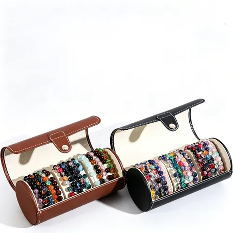 Cylindrical PU Leather Bracelet Storage Box Portable Multi Slot Jewelry Organizer Case With Snap Button Dustproof Display Box