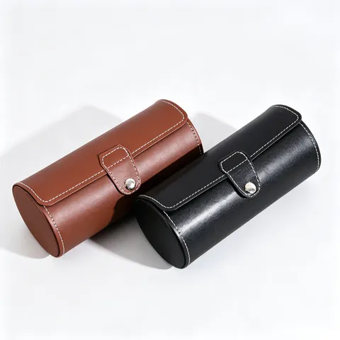 Cylindrical PU Leather Bracelet Storage Box Portable Multi Slot Jewelry Organizer Case With Snap Button Dustproof Display Box