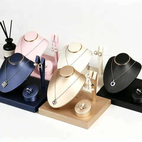 Premium Leather Jewelry Display Stand Set Neck Bust Earring Ring Organizer For Retail Counter Showcase Show Storage Set