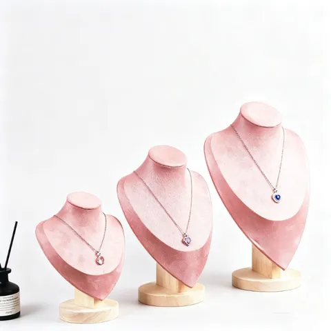 Rosa Samt Halskette Display Ständer Holzsockel Anhänger Schmuck Halter Schaukasten Büstenmodell Organizer Schaufenster Requisiten