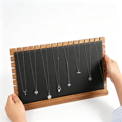 Walnuss Kiefernholz Schmuckständer Halskettenhalter Organizer Samt PU Panel Armband Display Rack Lagerung Für Shop Verkäufer