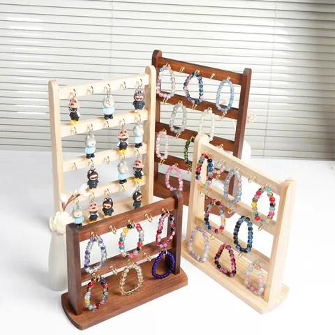 Solid Wood Jewelry Display Rack Organizer With Metal Hooks For Keychain Earrings Necklace Bracelet Tabletop Home Storage Stand