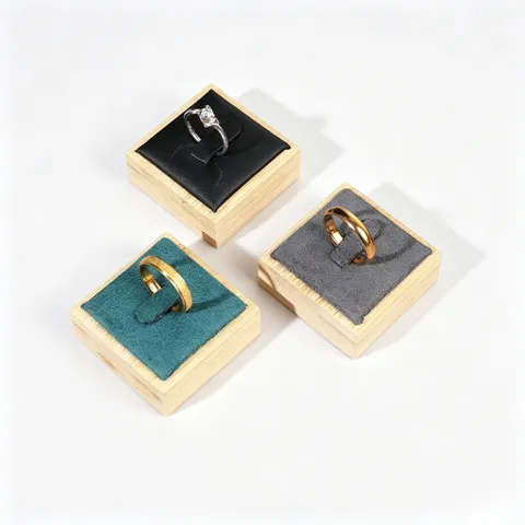 Bamboo Wood Square Ring Display Stand Velvet Leather Surface Mini Jewelry Counter Showcase Holder Countertop Organizer