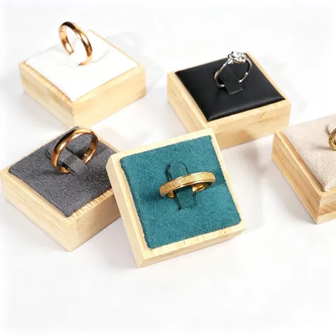 Bamboo Wood Square Ring Display Stand Velvet Leather Surface Mini Jewelry Counter Showcase Holder Countertop Organizer