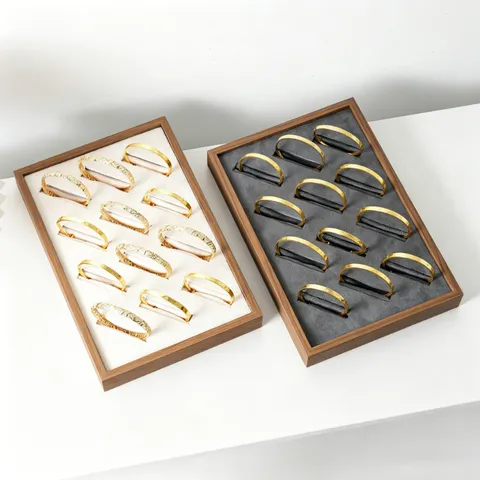 Vassoio per Esposizione di Gioielli in Velluto con Venature del Legno di Noce Premium Piastra Organizzatore per Braccialetti Inclinata per Supporto Vetrina Anelli