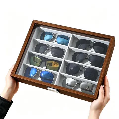 Vintage Leder Holz Brillen Aufbewahrungsbox Mit Transparentem Fenster Metallverschluss Multi Slot Sonnenbrillen Organizer Koffer Halter Für Wohndekoration