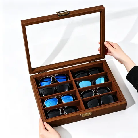 Vintage Leder Holz Brillen Aufbewahrungsbox Mit Transparentem Fenster Metallverschluss Multi Slot Sonnenbrillen Organizer Koffer Halter Für Wohndekoration