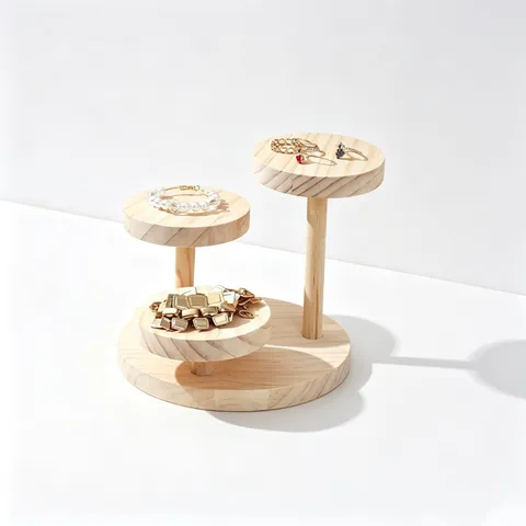 Solid Wood 3-Tier Round Plate Jewelry Display Stand Bracelet Watch Showcase Holder Organiser Rack For Live Broadcast Home