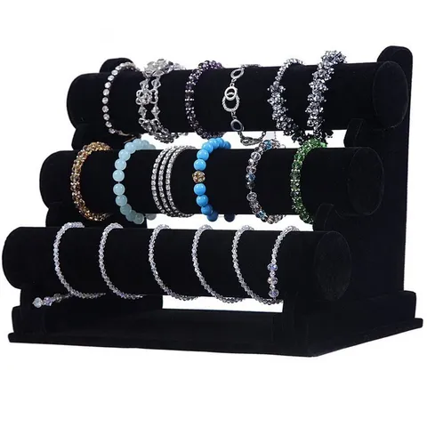 Artistic 3 Tier Velvet Jewelry Display Stand Detachable T-Bar Bracelet Holder Organizer Rack For Watch Bangle Home Storage