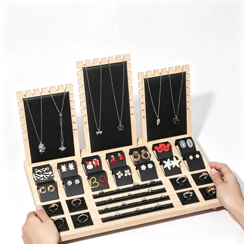 Wood Microfiber Leather Jewelry Display Stand Organizer Collection For Necklace Earring Ring Bracelet Commercial Photography Prop Decoration