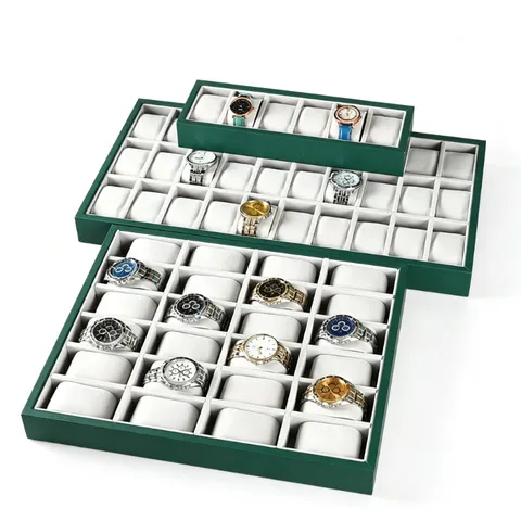 Professional Green PU Leather Watch Display Tray Grid Slot Watch Organizer Professional Showcase Jewelry Storage Tray With Soft Velvet Pillows