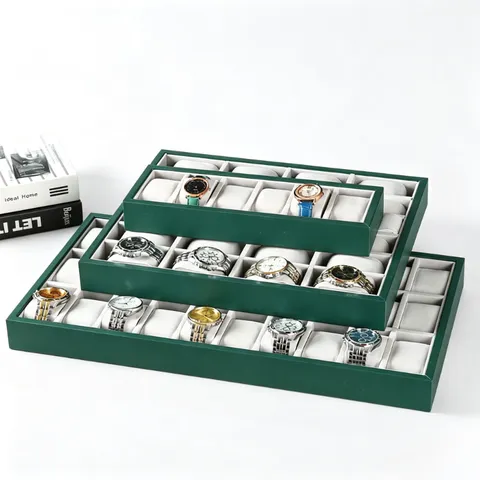 Professional Green PU Leather Watch Display Tray Grid Slot Watch Organizer Professional Showcase Jewelry Storage Tray With Soft Velvet Pillows