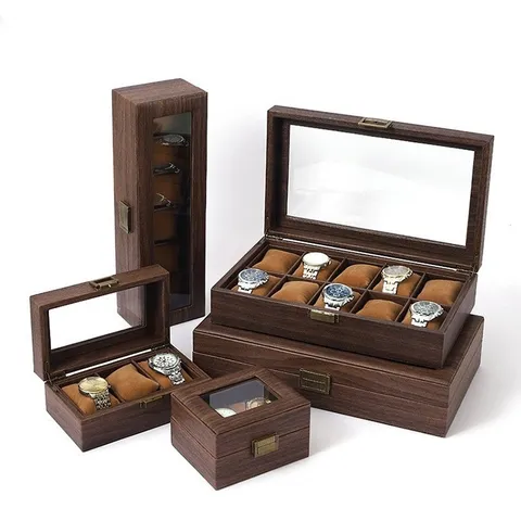 Retro Holzmaserung PU Leder Uhrenbox Vintage Holz Aufbewahrung Organizer Schmuckschatulle Mit Samtkissen Klarem Glasdeckel Für Sammler Geschenk