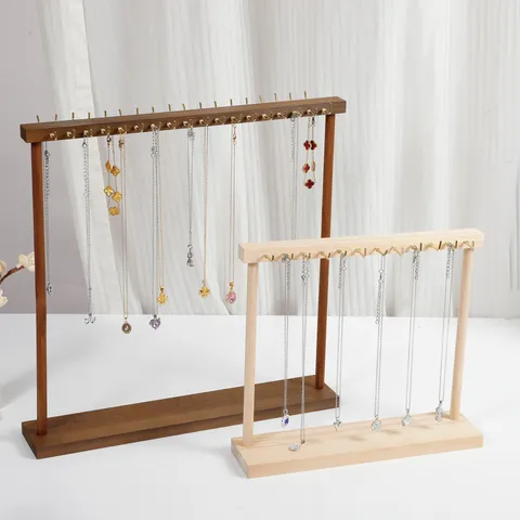Espositore per Collane in Legno Massiccio Grande Supporto Organizzatore di Gioielli con Ganci Multipli per Bracciali e Ciondoli Rastrelliera in Legno Naturale e Noce