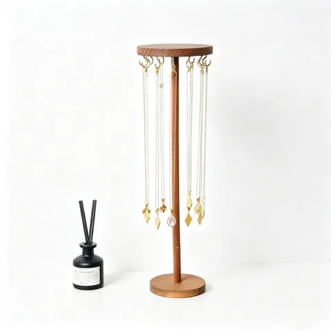 Round Wood Jewelry Display Stand Metal Hooks Rotating Necklace Bracelet Holder Hairband Storage Organizer Rack Home Desktop Dresser Decor