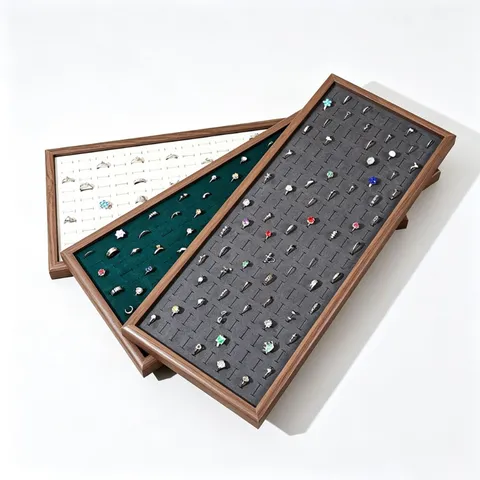 Walnussholzmaserung Schmucktablett Samtfutter Mehrfachschlitz Ring Organizer Etui Schmuck Aufbewahrung Display Halter Für Ohrringe Dekor