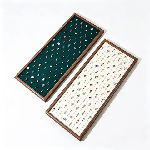 Walnussholzmaserung Schmucktablett Samtfutter Mehrfachschlitz Ring Organizer Etui Schmuck Aufbewahrung Display Halter Für Ohrringe Dekor