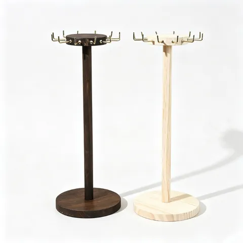 Creative Pine Wood Necklace Display Stand Jewelry Rack Rotating Holder with Metal Hooks for Countertop Home Organization Storage Organizer