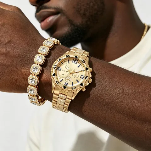 Orologio al Quarzo da Uomo Hip Hop di Tendenza Con Set di Bracciali a Catena Cubana Pieno di Strass in Lega di Zinco