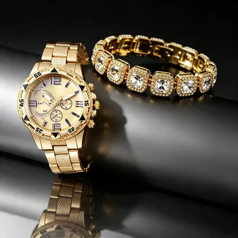 Orologio al Quarzo da Uomo Hip Hop di Tendenza Con Set di Bracciali a Catena Cubana Pieno di Strass in Lega di Zinco